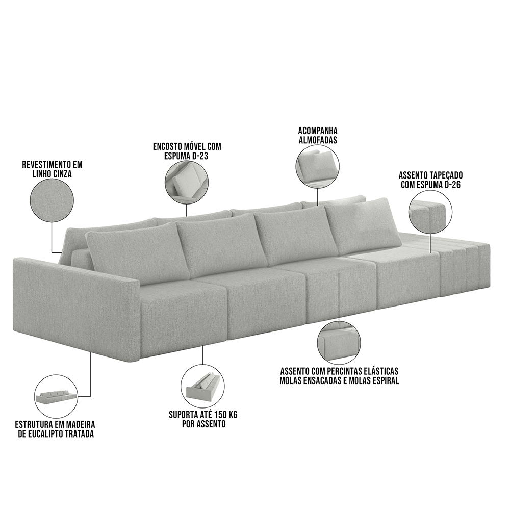 Sofá Ilha Modular Para Sala 392cm com Puff Dublin K01 Linho Cinza - Lyam Decor