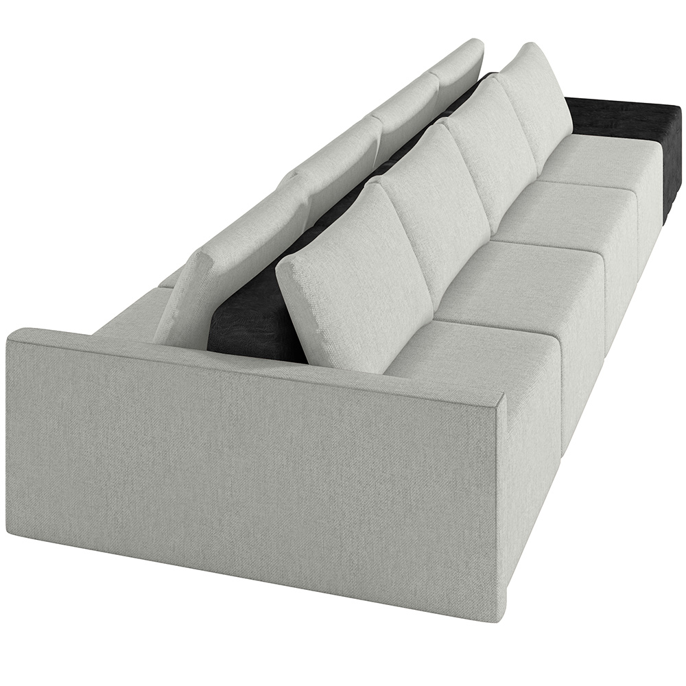 Sofá Ilha Modular Para Sala 392cm com Puff Dublin K01 Linho Cinza e Sintético Preto - Lyam Decor