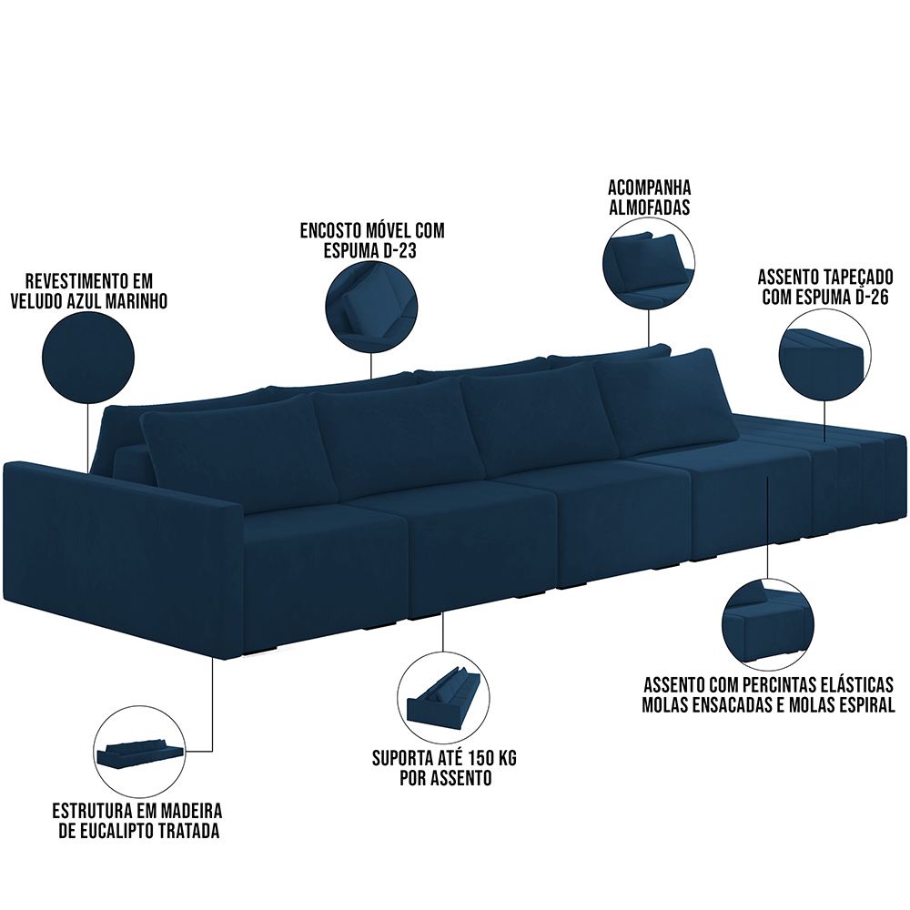 Sofá Ilha Modular Para Sala 392cm com Puff Dublin K01 Veludo Azul Marinho - Lyam Decor