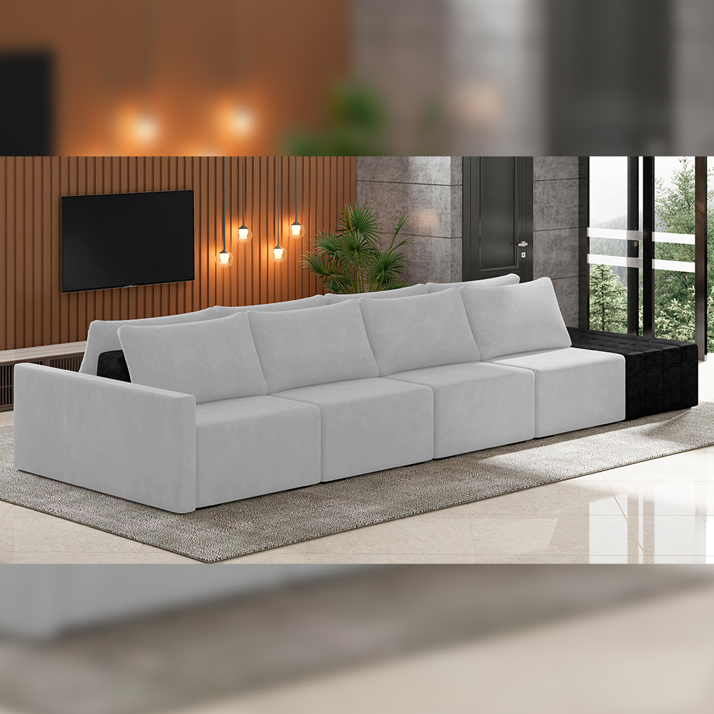 Sofá Ilha Modular Para Sala 392cm com Puff Dublin K01 Veludo Cinza TA7030 e Sintético Preto TF7036