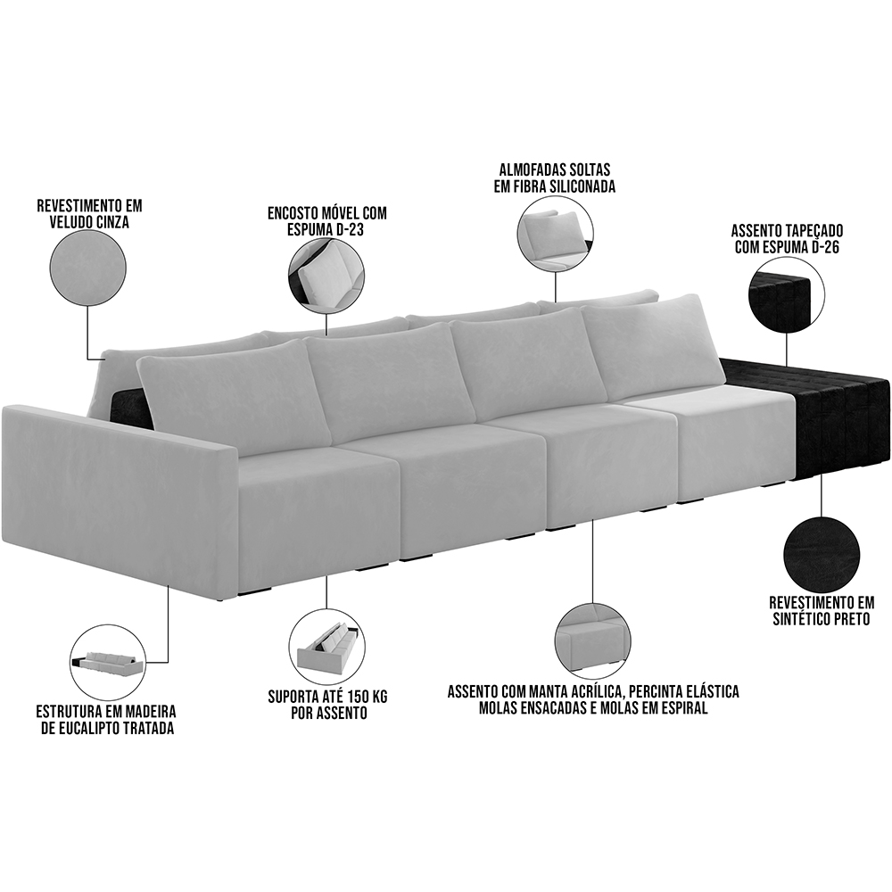 Sofá Ilha Modular Para Sala 392cm com Puff Dublin K01 Veludo Cinza TA7030 e Sintético Preto TF7036