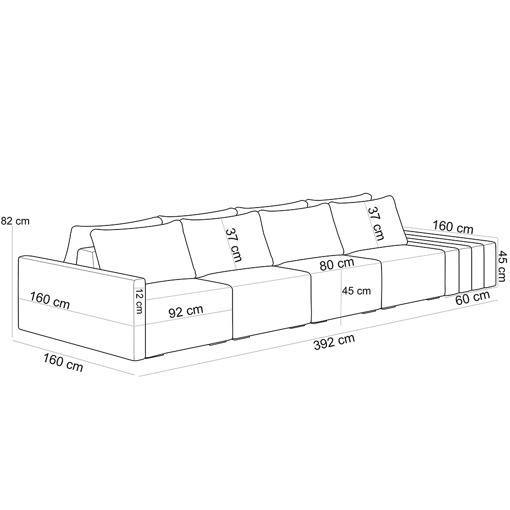 Sofá Ilha Modular Para Sala 392cm com Puff Dublin K01 Veludo Cinza TA7030 e Sintético Preto TF7036