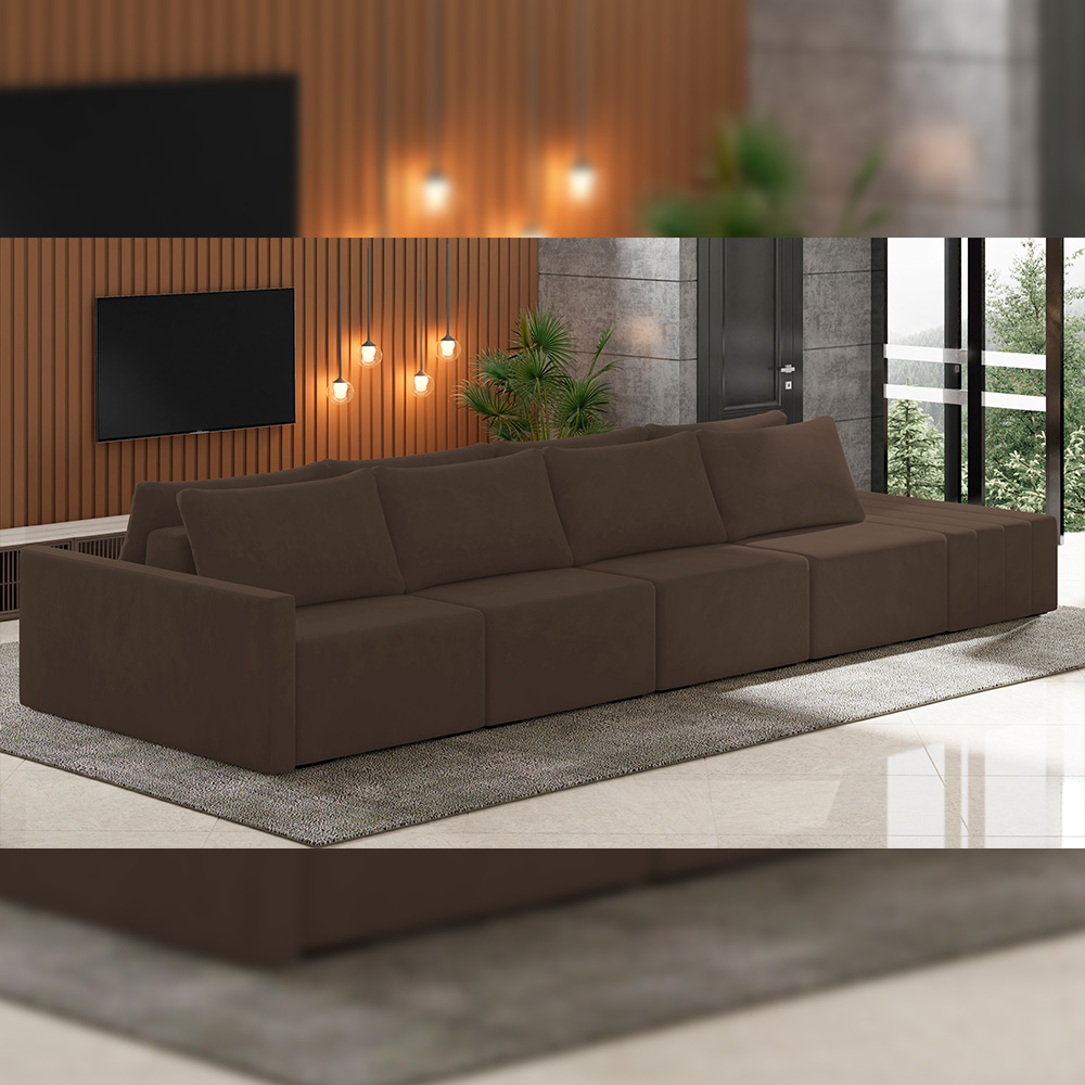 Sofá Ilha Modular Para Sala 392cm com Puff Dublin K01 Veludo Marrom - Lyam Decor