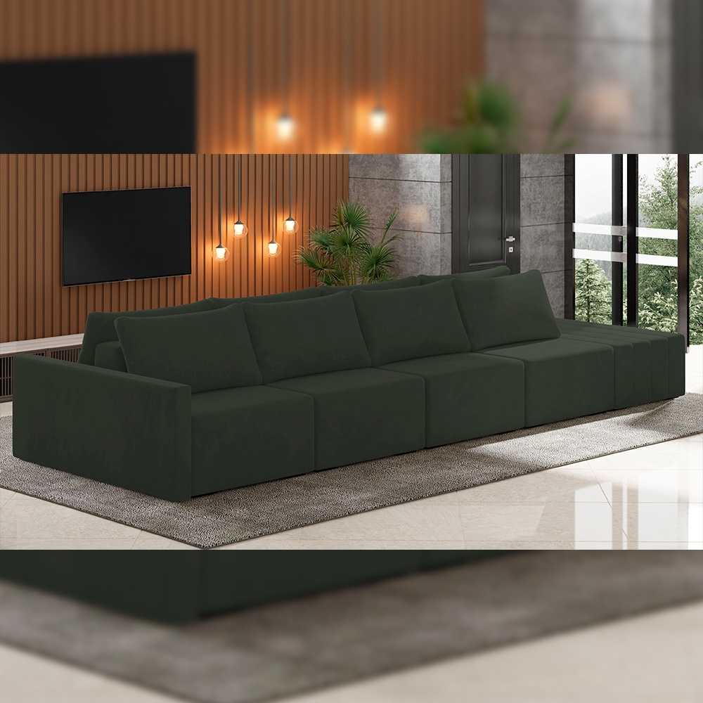Sofá Ilha Modular Para Sala 392cm com Puff Dublin K01 Veludo Verde - Lyam Decor
