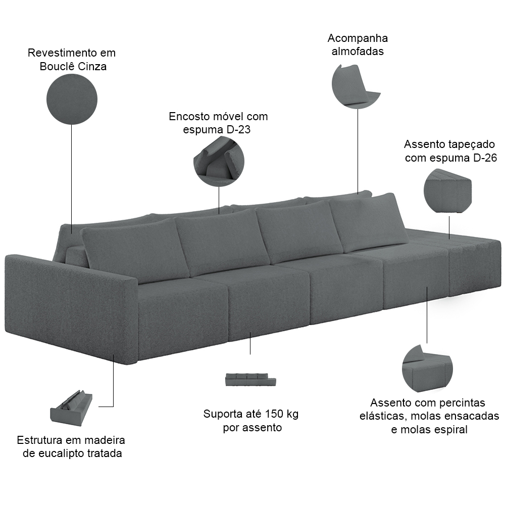 Sofá Ilha Modular Para Sala 432cm com Puff Dublin K01 Bouclê Cinza - Lyam Decor