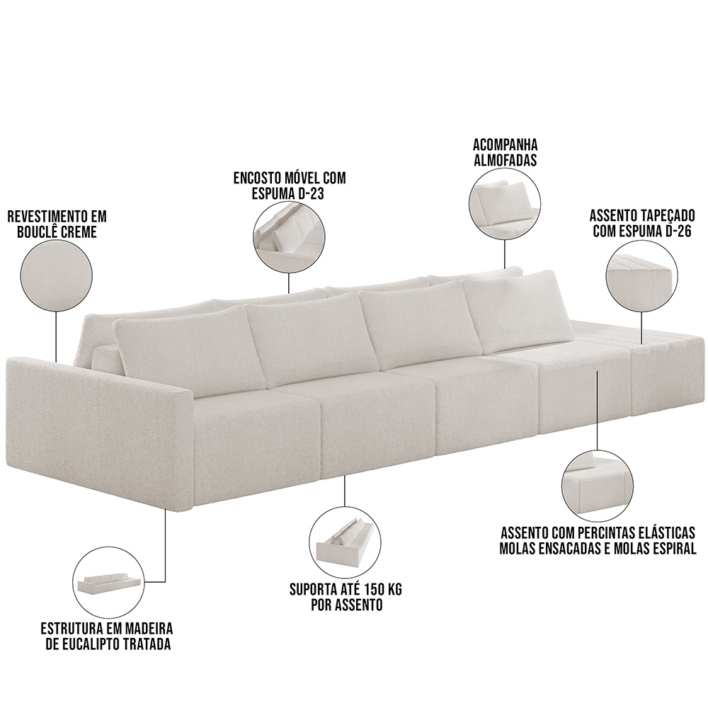 Sofá Ilha Modular Para Sala 432cm com Puff Dublin K01 Bouclê Creme - Lyam Decor