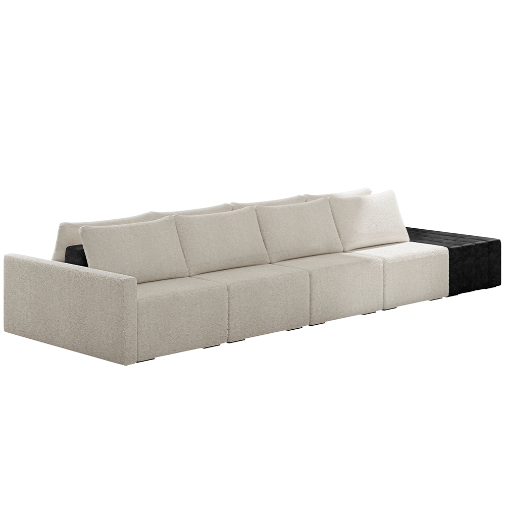 Sofá Ilha Modular Para Sala 432cm com Puff Dublin K01 Bouclê Creme e Sintético Preto - Lyam Decor