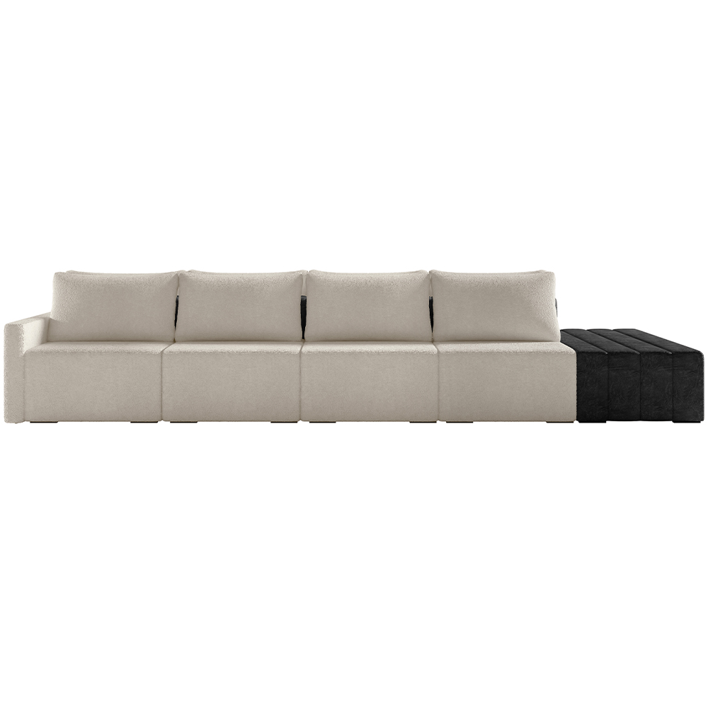 Sofá Ilha Modular Para Sala 432cm com Puff Dublin K01 Bouclê Creme e Sintético Preto - Lyam Decor
