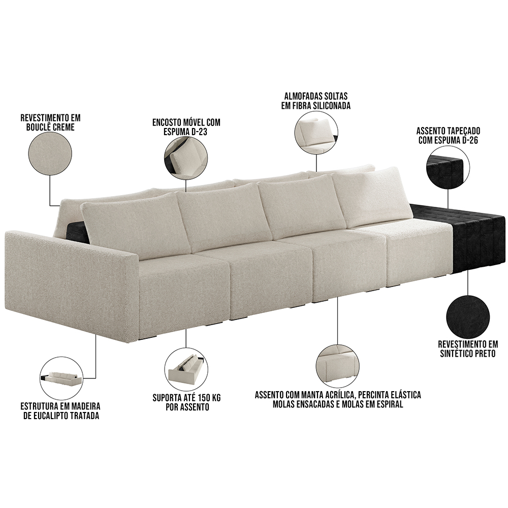 Sofá Ilha Modular Para Sala 432cm com Puff Dublin K01 Bouclê Creme e Sintético Preto - Lyam Decor