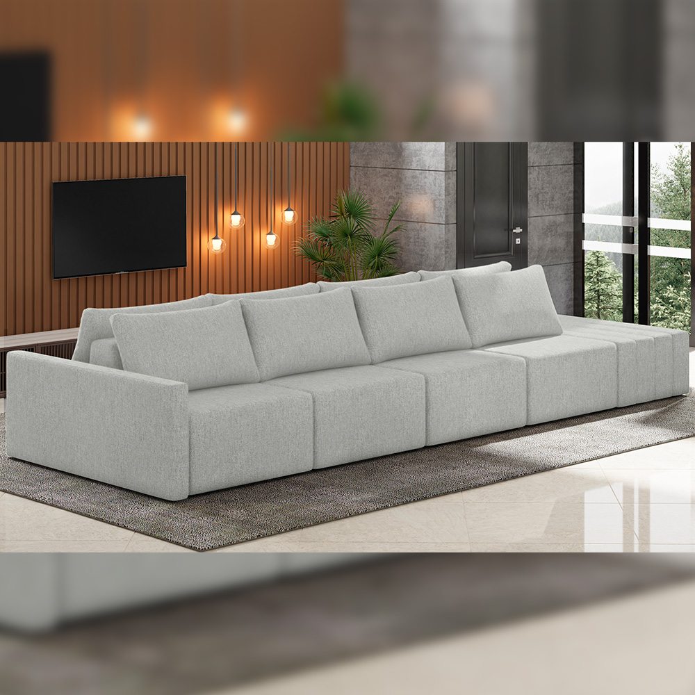 Sofá Ilha Modular Para Sala 432cm com Puff Dublin K01 Linho Cinza - Lyam Decor