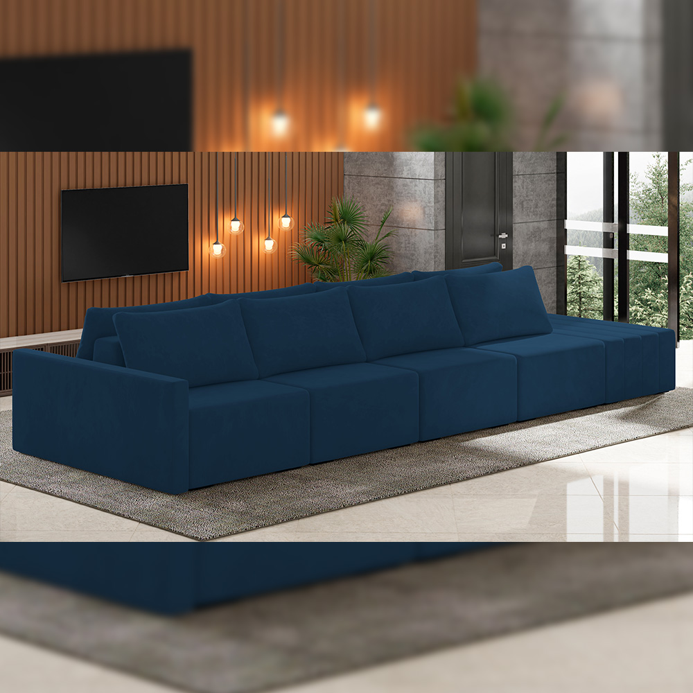 Sofá Ilha Modular Para Sala 432cm com Puff Dublin K01 Veludo Azul Marinho - Lyam Decor