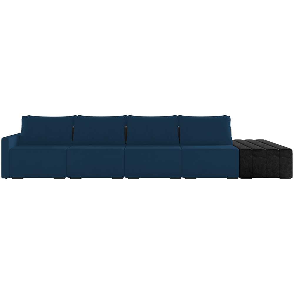 Sofá Ilha Modular Para Sala 432cm com Puff Dublin K01 Veludo Azul Marinho TA7028 e Sintético Preto TF7036