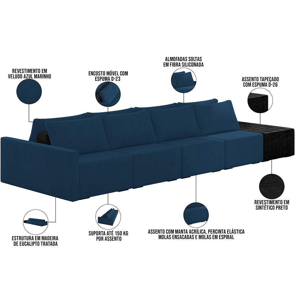 Sofá Ilha Modular Para Sala 432cm com Puff Dublin K01 Veludo Azul Marinho TA7028 e Sintético Preto TF7036
