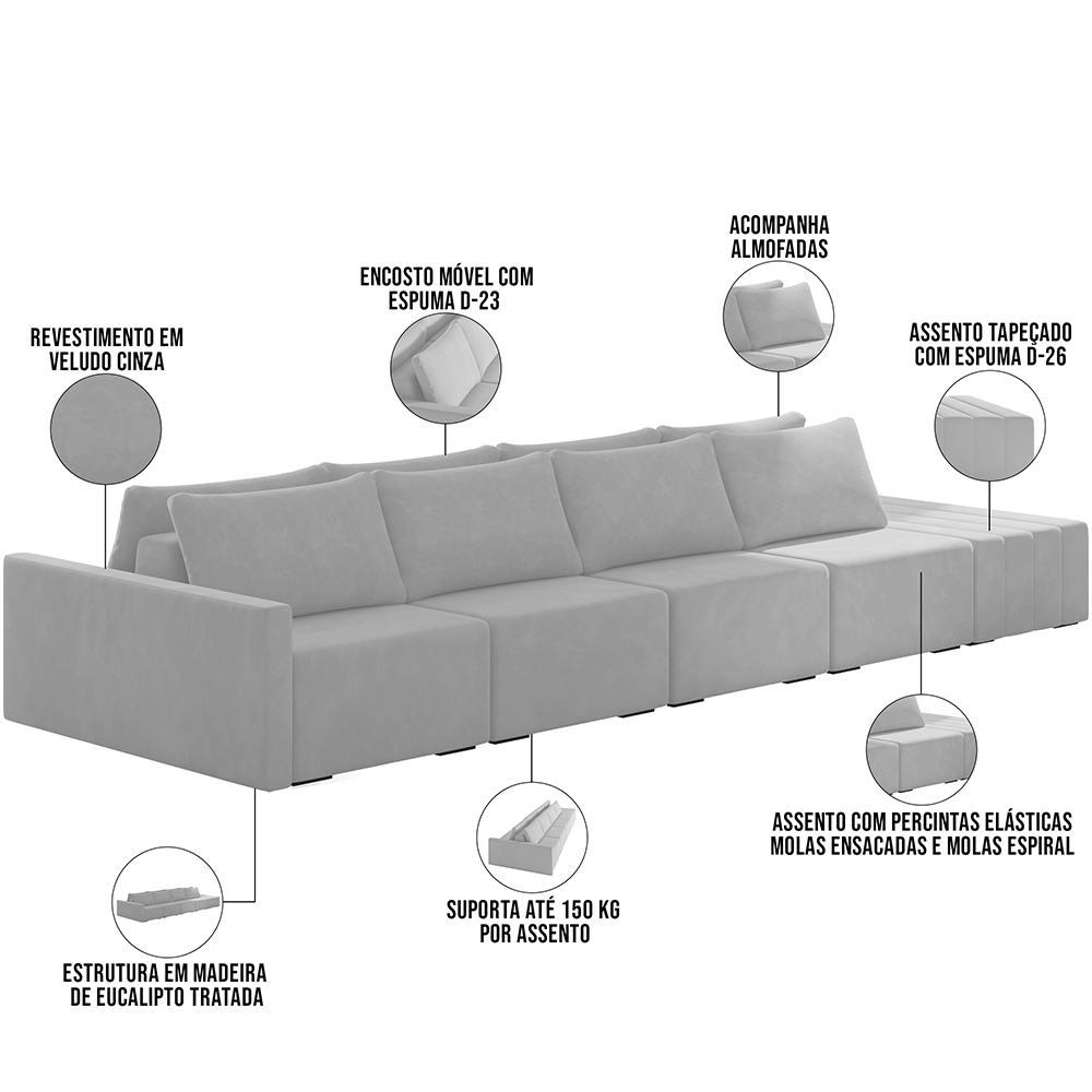 Sofá Ilha Modular Para Sala 432cm com Puff Dublin K01 Veludo Cinza - Lyam Decor