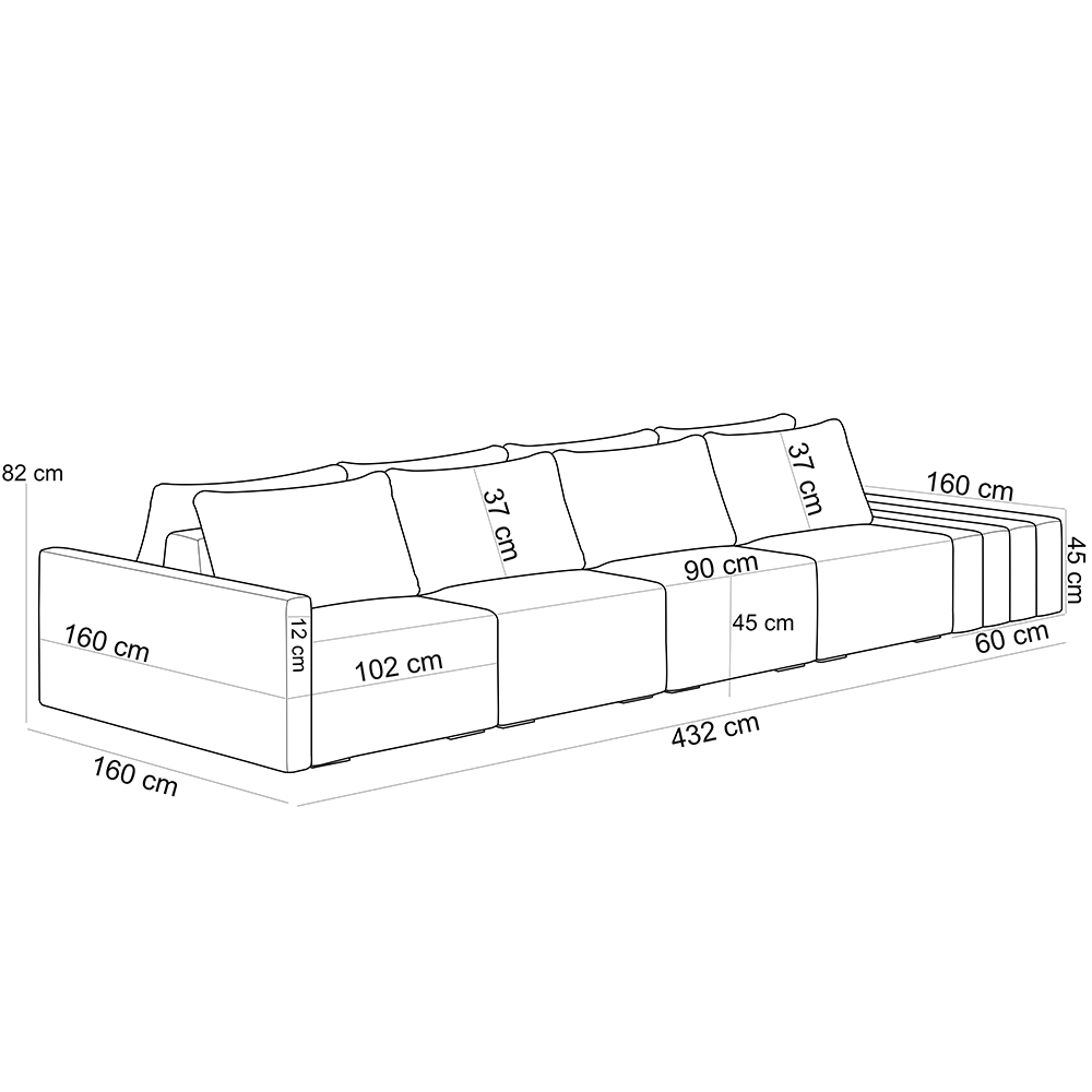 Sofá Ilha Modular Para Sala 432cm com Puff Dublin K01 Veludo Cinza - Lyam Decor