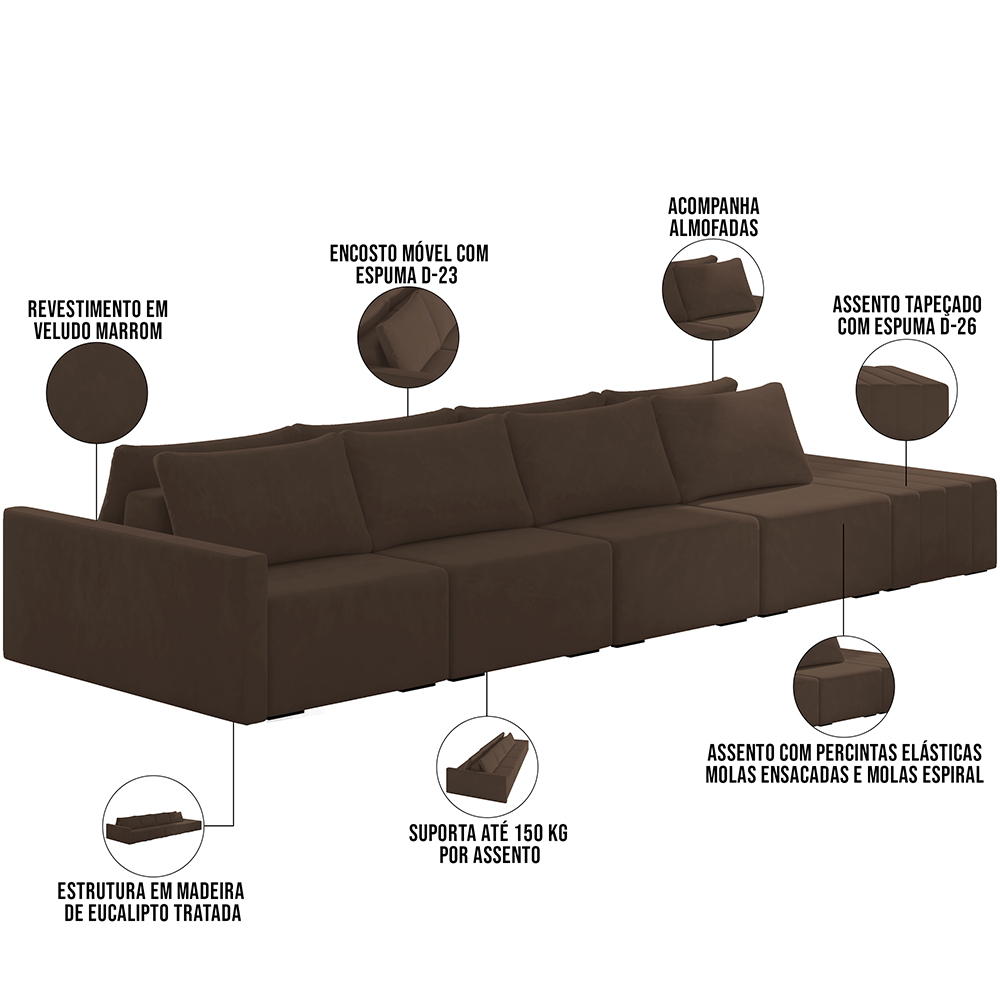 Sofá Ilha Modular Para Sala 432cm com Puff Dublin K01 Veludo Marrom - Lyam Decor