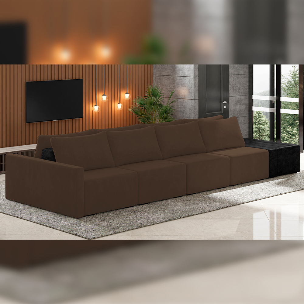 Sofá Ilha Modular Para Sala 432cm com Puff Dublin K01 Veludo Marrom TA7031 e Sintético Preto TF7036