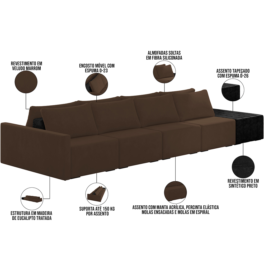 Sofá Ilha Modular Para Sala 432cm com Puff Dublin K01 Veludo Marrom TA7031 e Sintético Preto TF7036