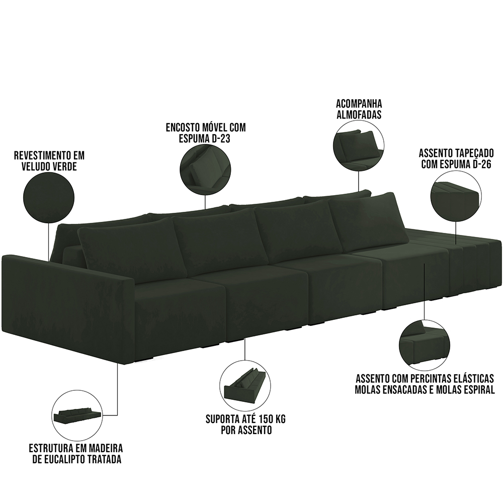 Sofá Ilha Modular Para Sala 432cm com Puff Dublin K01 Veludo Verde - Lyam Decor