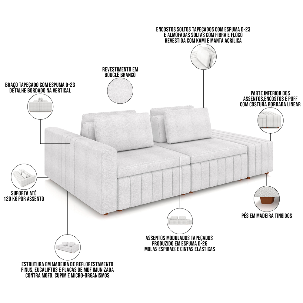 Sofá Ilha com Puff para Sala Living 265cm Amber M03 Bouclê Branco - Lyam Decor