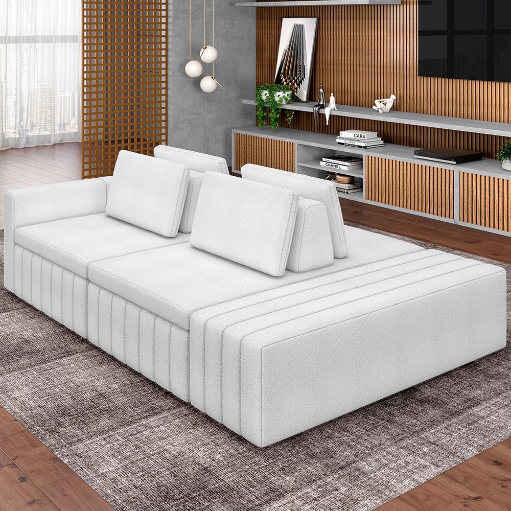 Sofá Ilha com Puff para Sala Living 285cm Amber M03 Bouclê Branco - Lyam Decor
