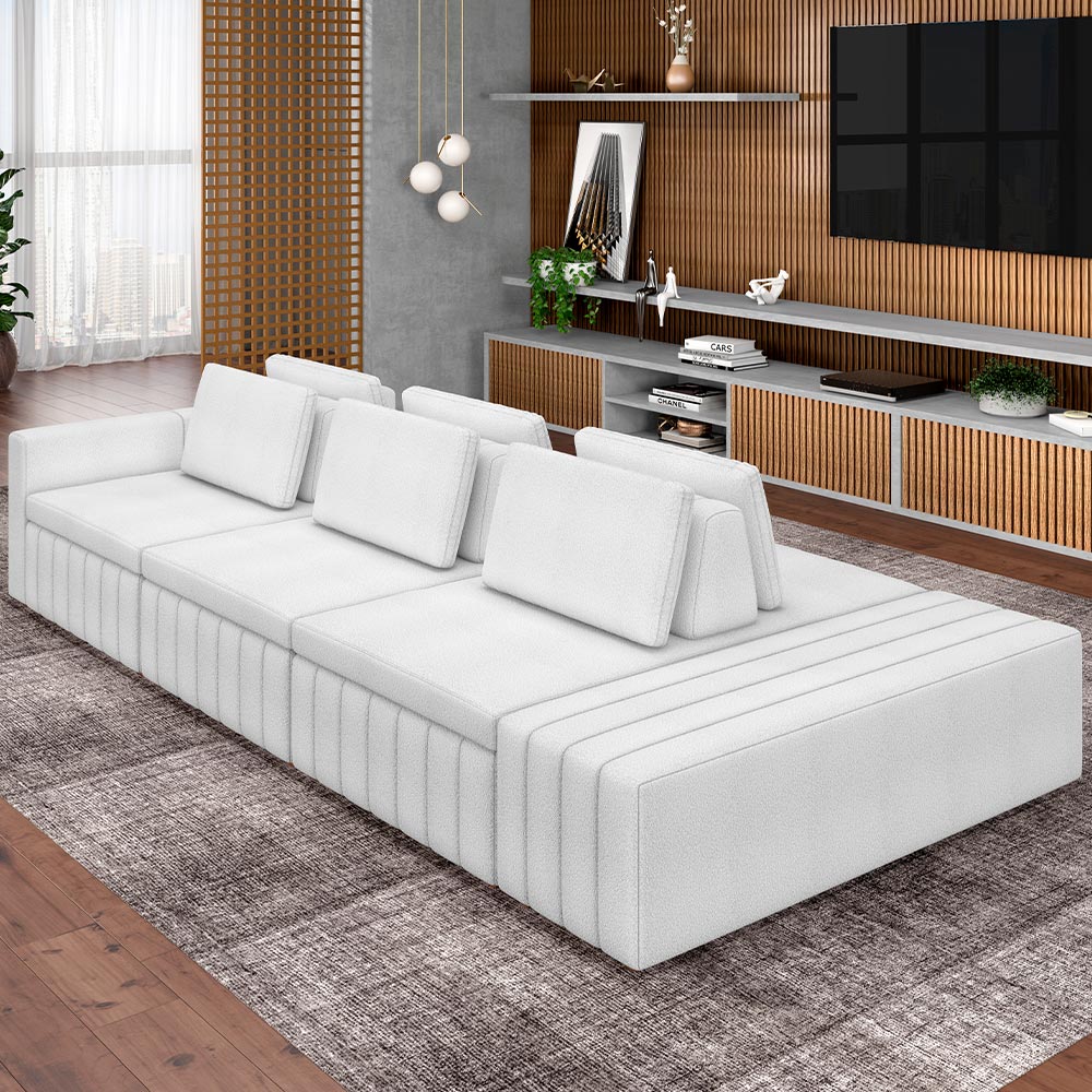 Sofá Ilha com Puff para Sala Living 335cm Amber M03 Bouclê Branco - Lyam Decor