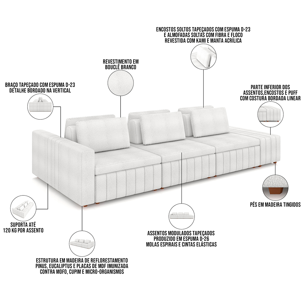 Sofá Ilha com Puff para Sala Living 335cm Amber M03 Bouclê Branco - Lyam Decor
