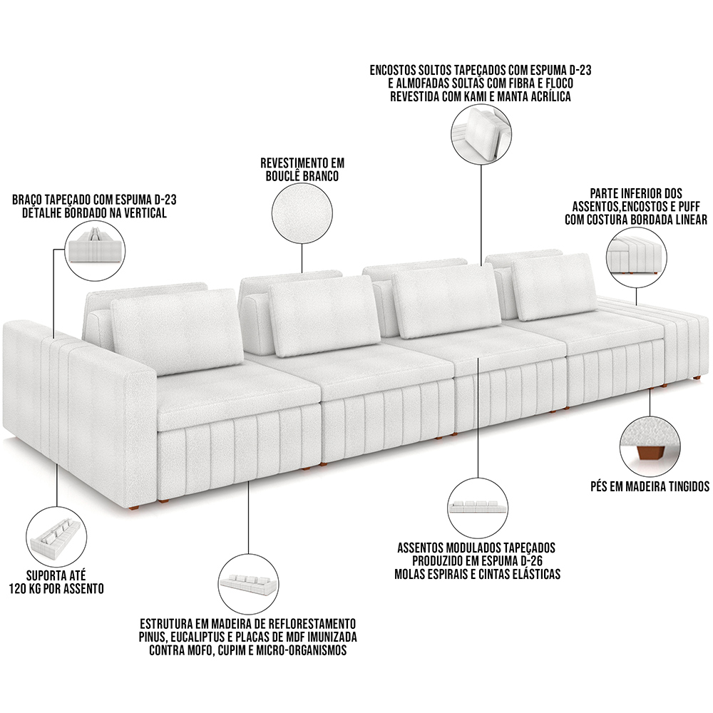 Sofá Ilha com Puff para Sala Living 465cm Amber M03 Bouclê Branco - Lyam Decor