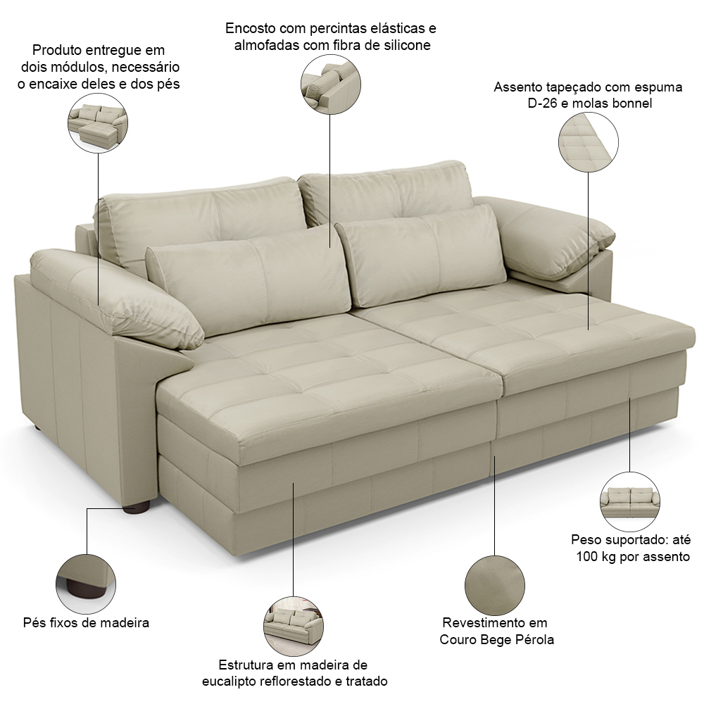 Sofá Retrátil Para Sala de Estar 2 Lugares 175cm Riza S03 Couro Bege Pérola - Lyam Decor