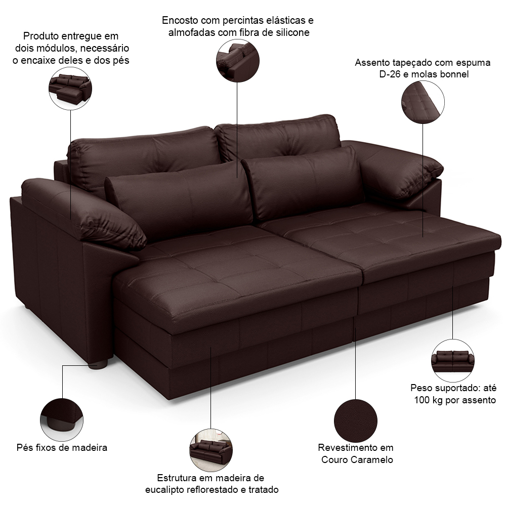 Sofá Retrátil Para Sala de Estar 2 Lugares 175cm Riza S03 Couro Caramelo - Lyam Decor