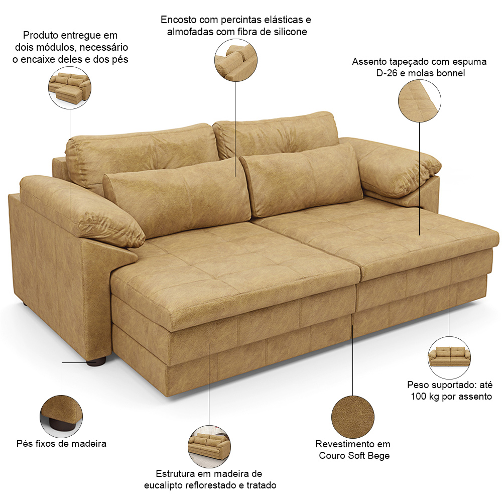 Sofá Retrátil Para Sala de Estar 2 Lugares 175cm Riza S03 Couro Soft Bege - Lyam Decor