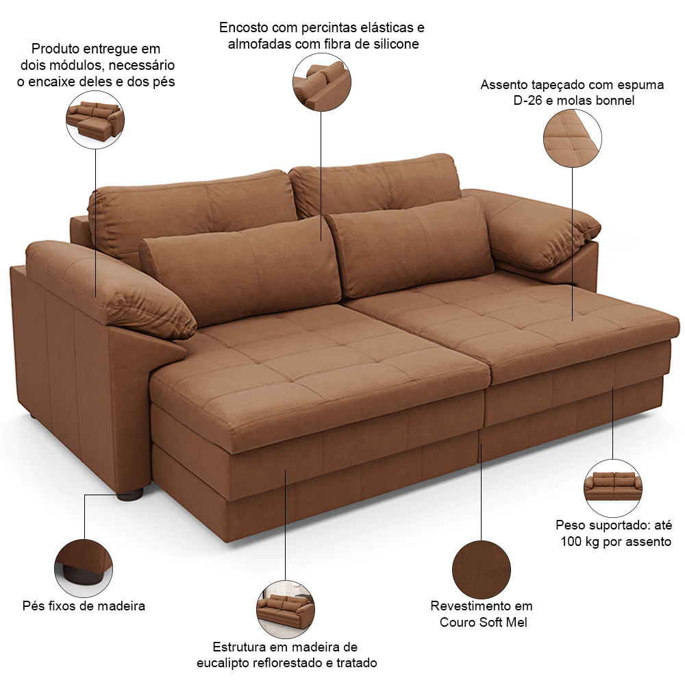 Sofá Retrátil Para Sala de Estar 3 Lugares 250cm Riza S03 Couro Soft Mel - Lyam Decor