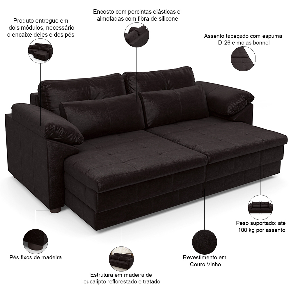 Sofá Retrátil Para Sala de Estar 3 Lugares 250cm Riza S03 Couro Vinho - Lyam Decor