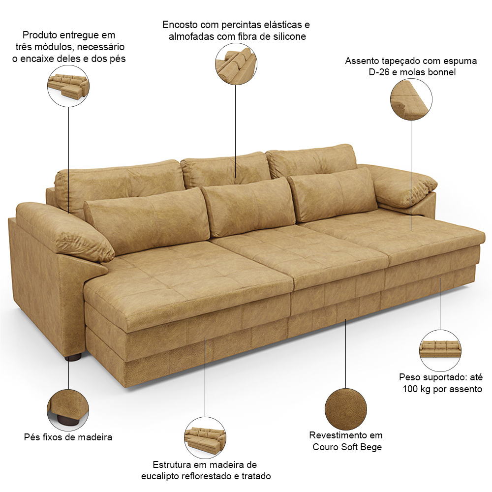Sofá Retrátil Para Sala de Estar 3 Lugares 257cm Riza S03 Couro Soft Bege - Lyam Decor