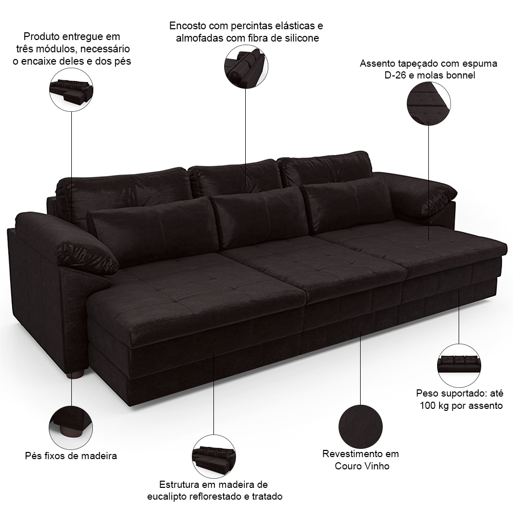 Sofá Retrátil Para Sala de Estar 3 Lugares 257cm Riza S03 Couro Vinho - Lyam Decor