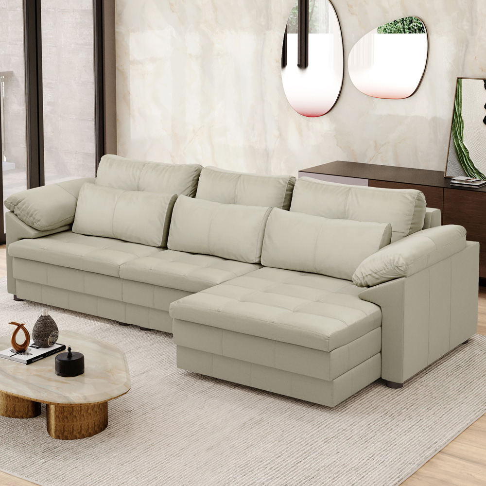 Sofá Retrátil Para Sala de Estar 4 Lugares 297cm Riza S03 Couro Bege Pérola - Lyam Decor