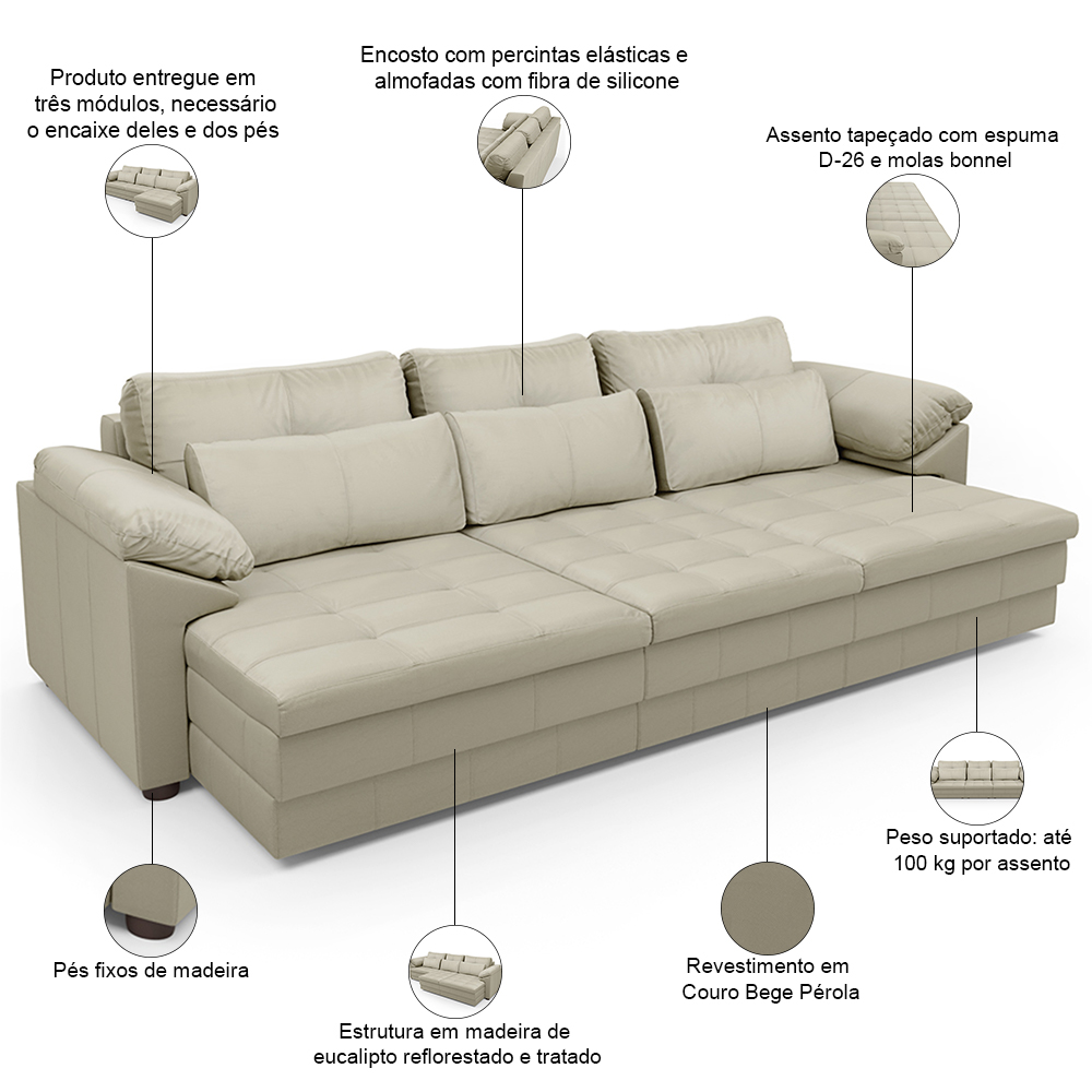 Sofá Retrátil Para Sala de Estar 4 Lugares 297cm Riza S03 Couro Bege Pérola - Lyam Decor