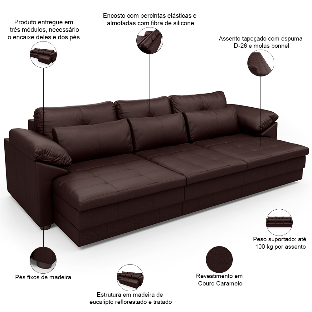 Sofá Retrátil Para Sala de Estar 4 Lugares 297cm Riza S03 Couro Caramelo - Lyam Decor
