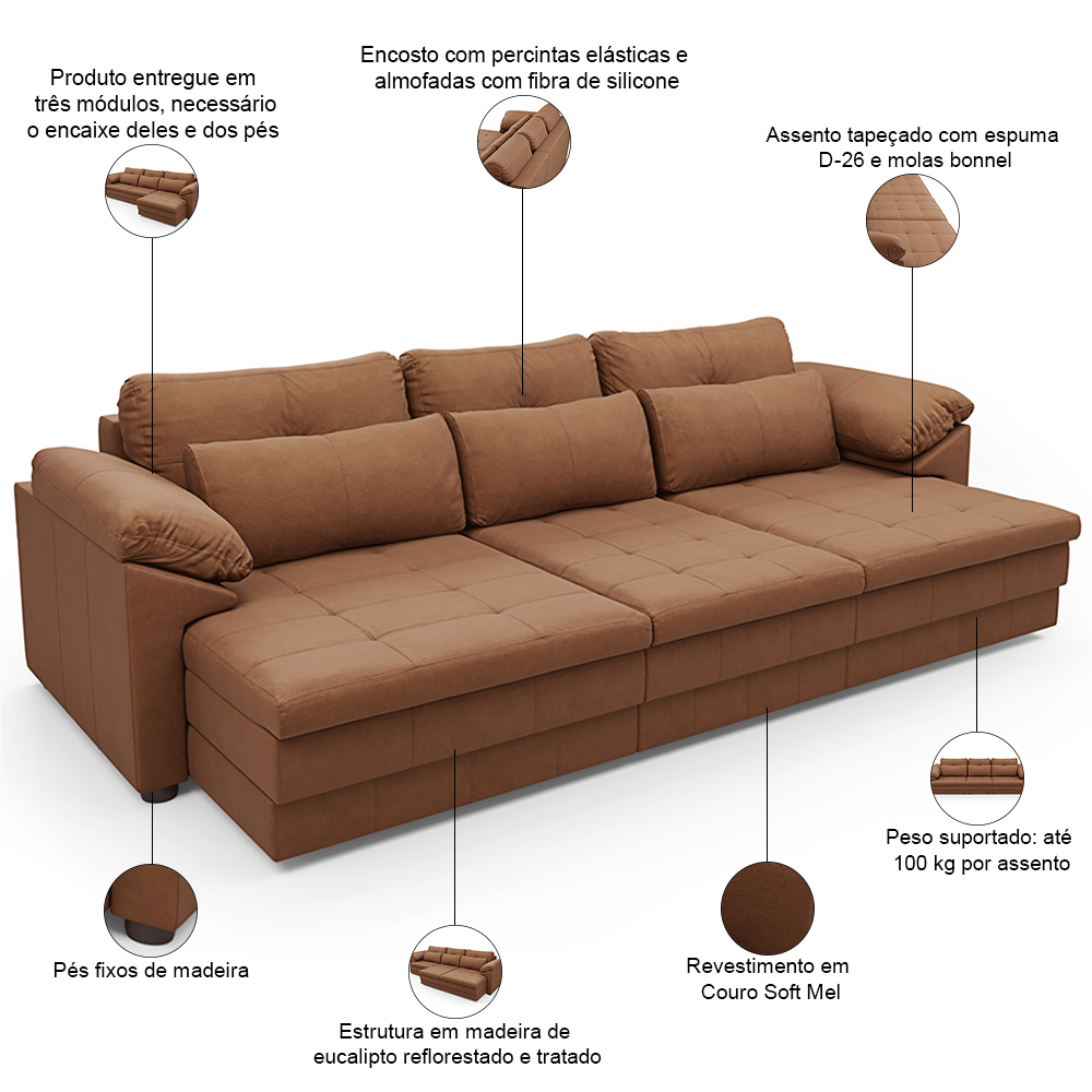 Sofá Retrátil Para Sala de Estar 4 Lugares 332cm Riza S03 Couro Soft Mel - Lyam Decor