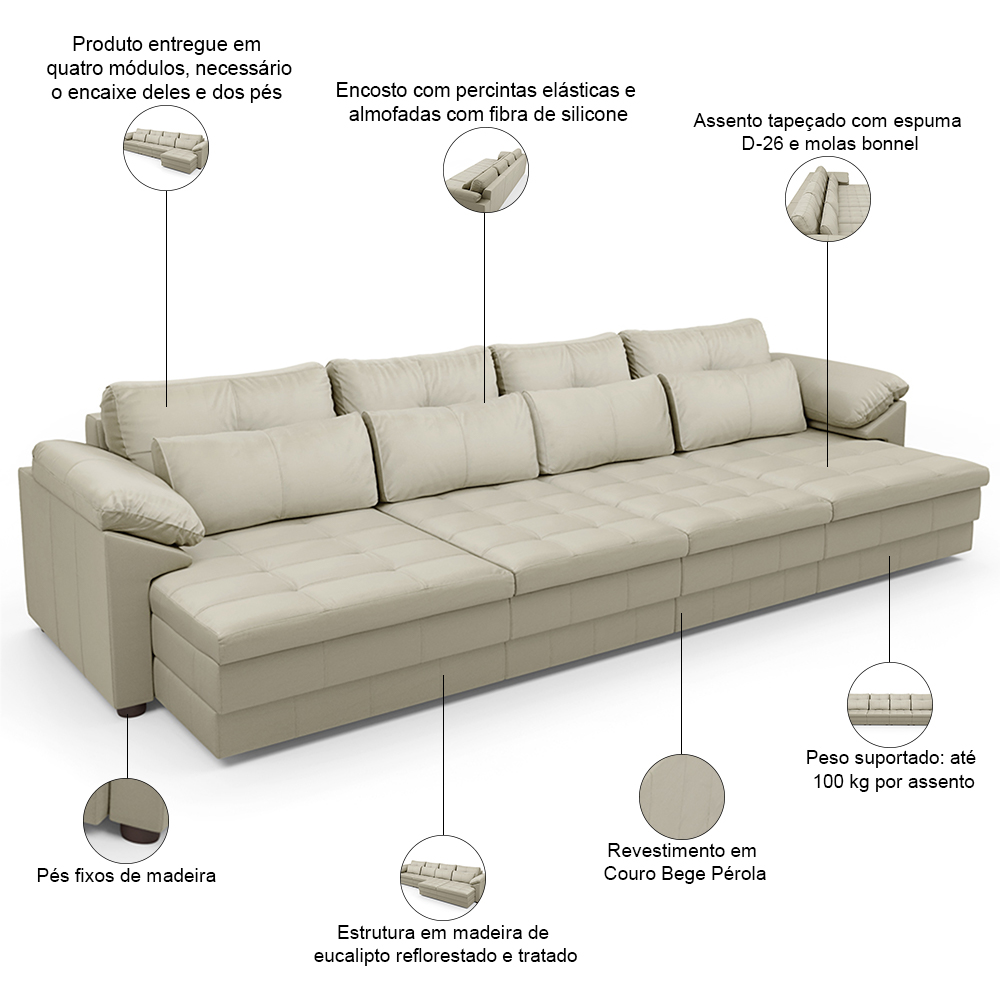 Sofá Retrátil Para Sala de Estar 4 Lugares 339cm Riza S03 Couro Bege Pérola - Lyam Decor