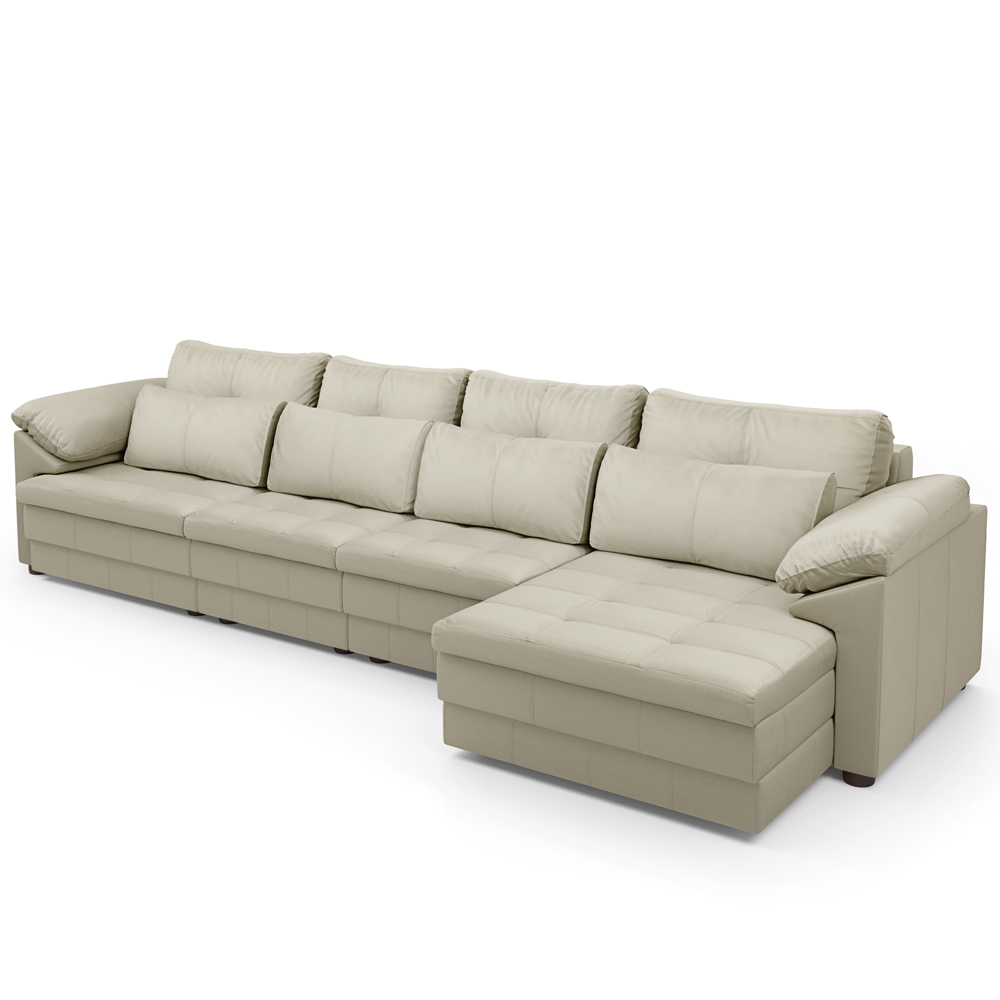 Sofá Retrátil Para Sala de Estar 4 Lugares 339cm Riza S03 Couro Bege Pérola - Lyam Decor