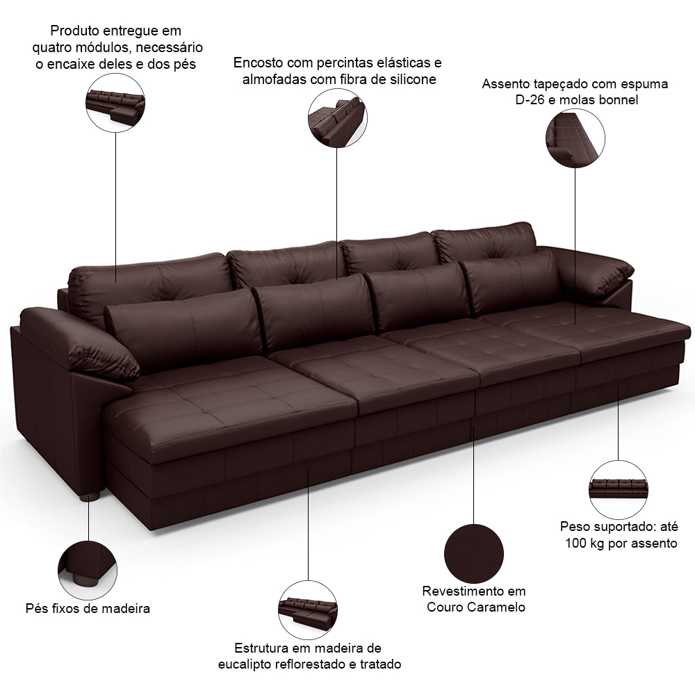 Sofá Retrátil Para Sala de Estar 4 Lugares 339cm Riza S03 Couro Caramelo - Lyam Decor