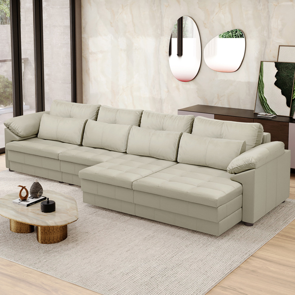 Sofá Retrátil Para Sala de Estar 5 Lugares 379cm Riza S03 Couro Bege Pérola - Lyam Decor