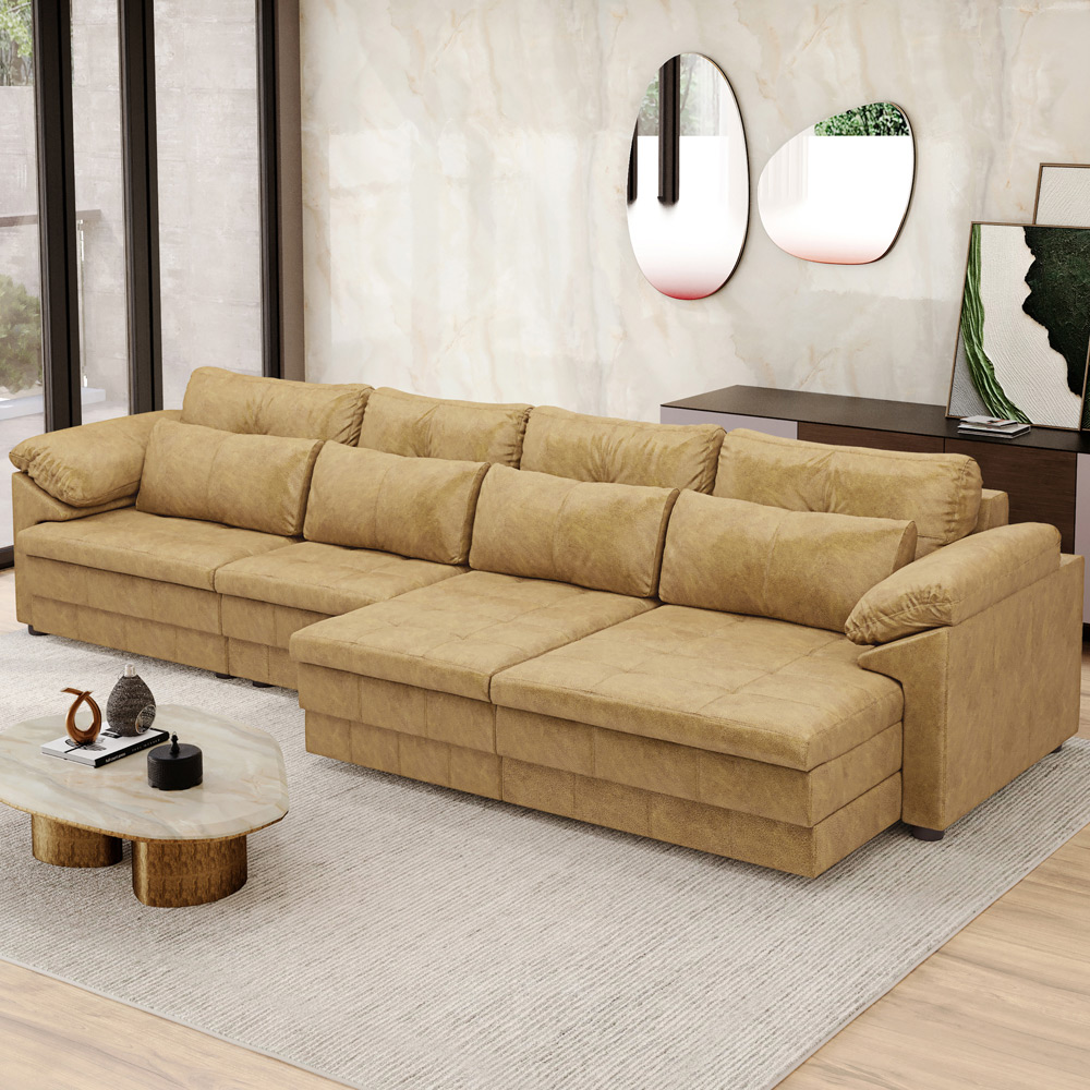 Sofá Retrátil Para Sala de Estar 5 Lugares 379cm Riza S03 Couro Soft Bege - Lyam Decor