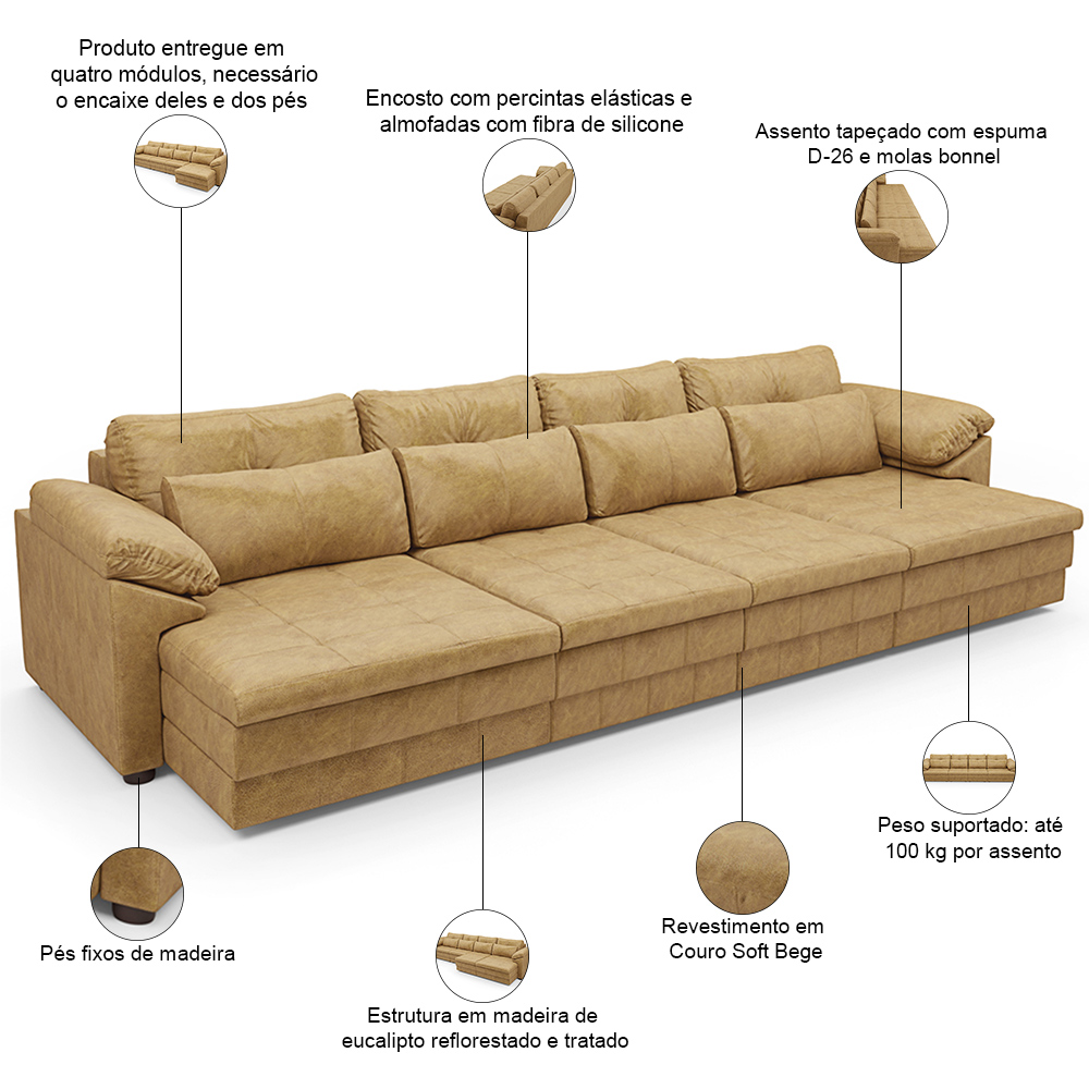 Sofá Retrátil Para Sala de Estar 5 Lugares 379cm Riza S03 Couro Soft Bege - Lyam Decor