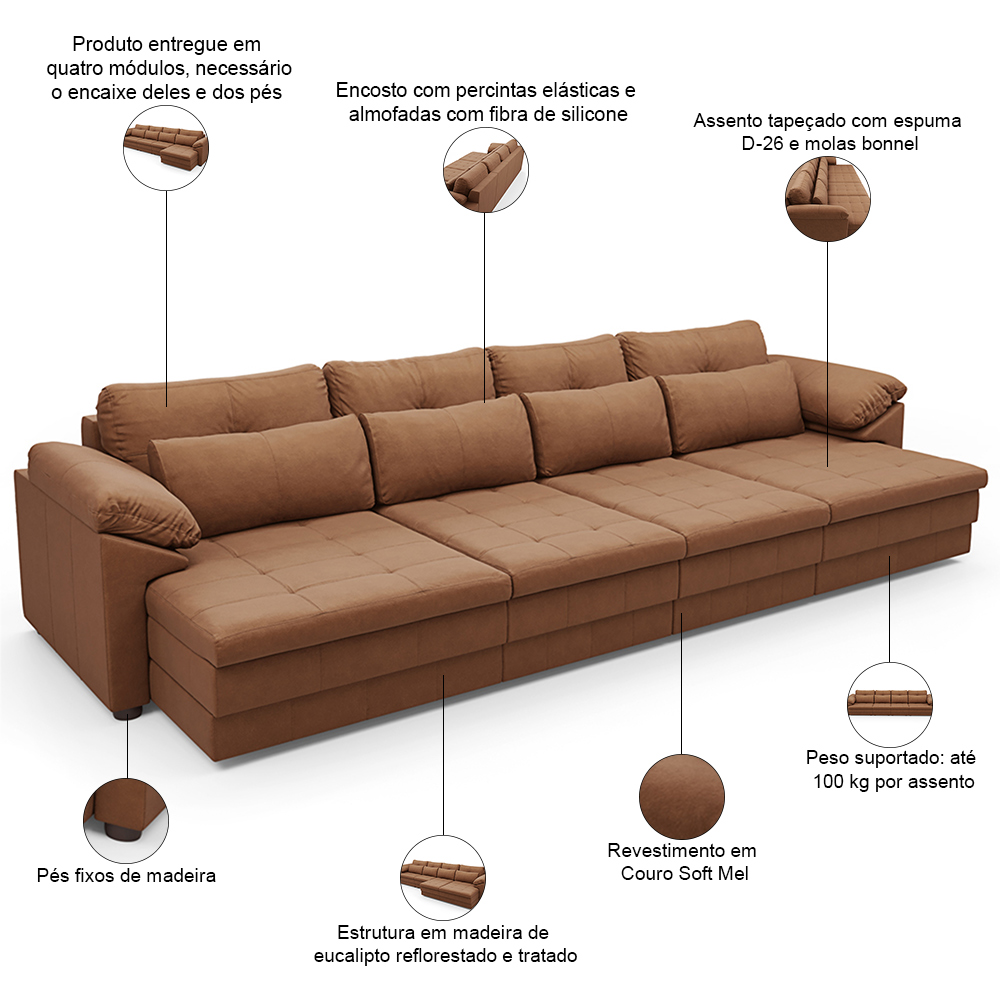 Sofá Retrátil Para Sala de Estar 5 Lugares 379cm Riza S03 Couro Soft Mel - Lyam Decor