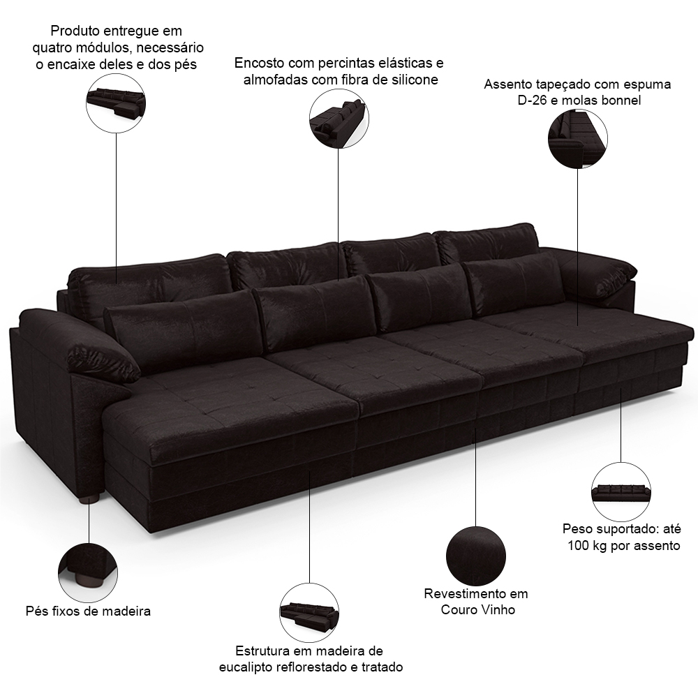 Sofá Retrátil Para Sala de Estar 5 Lugares 379cm Riza S03 Couro Vinho - Lyam Decor