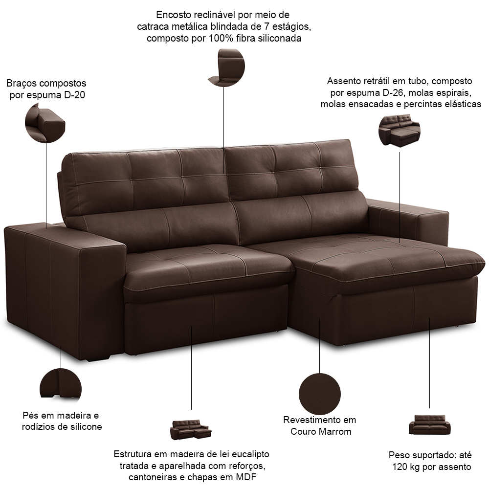 Sofá Retrátil Reclinável Para Sala 3 Lugares 230cm Bryant L06 Couro Marrom - Lyam Decor
