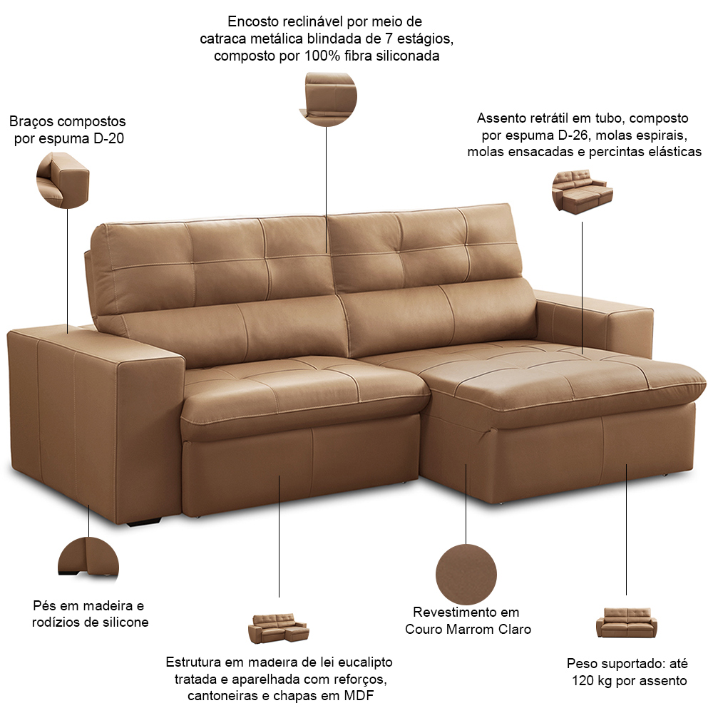Sofá Retrátil Reclinável Para Sala 3 Lugares 230cm Bryant L06 Couro Marrom Claro - Lyam Decor
