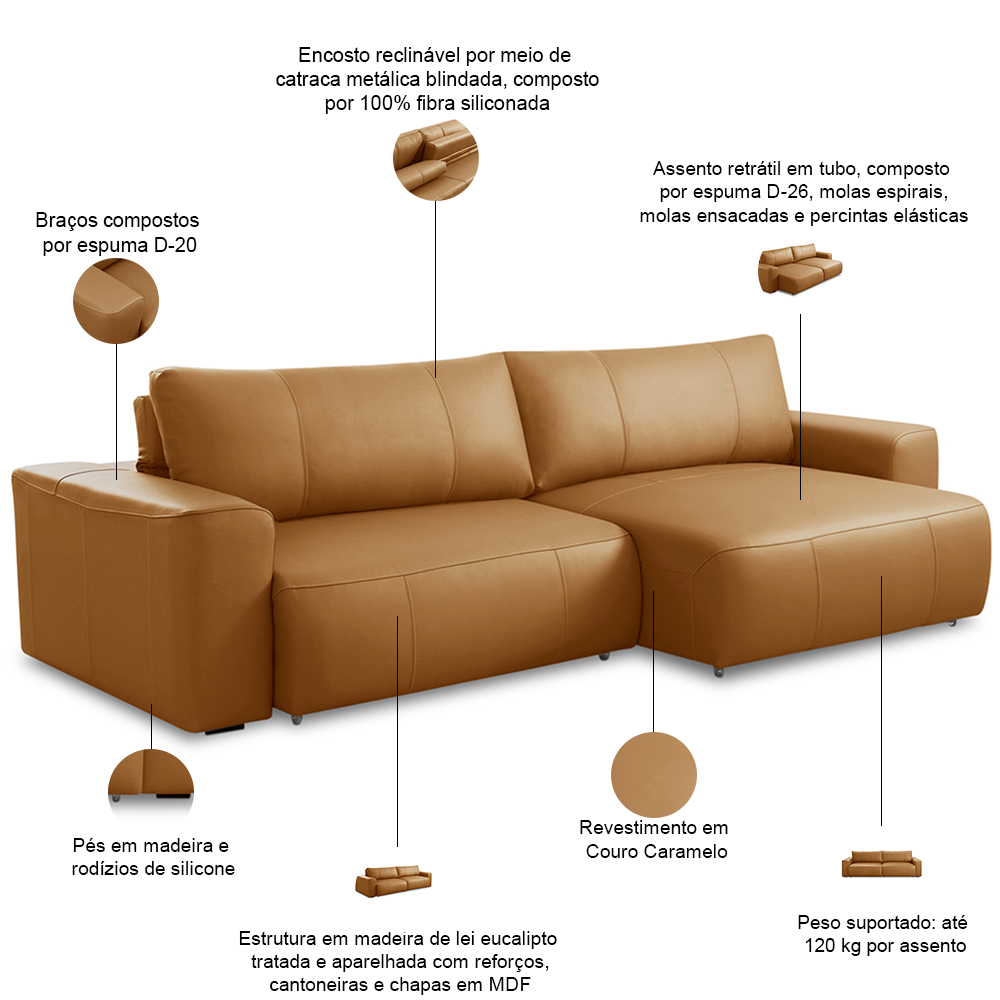 Sofá Retrátil Reclinável Para Sala 4 Lugares 290cm Angel L06 Couro Caramelo - Lyam Decor